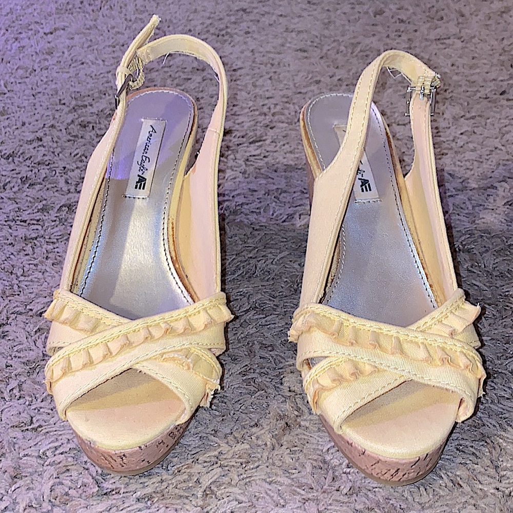 American Eagle ruffle cork wedges